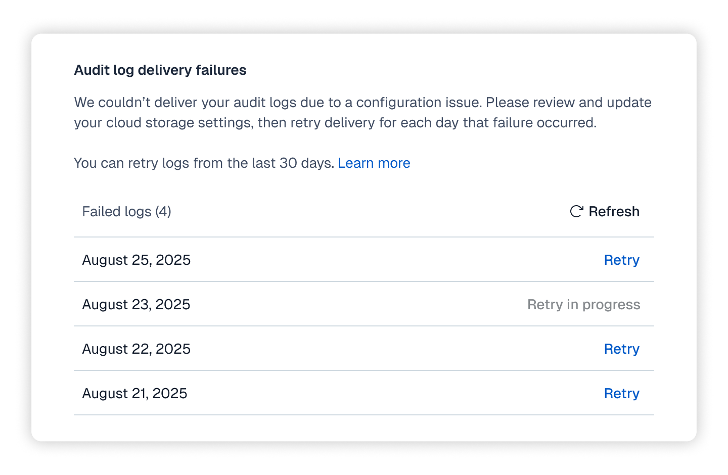 Audit log delivery failures modal