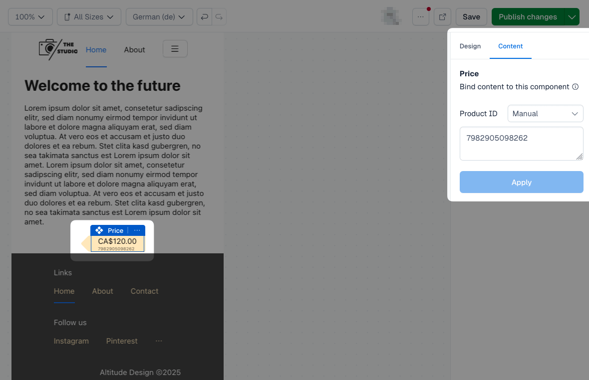 Product component in canvas view